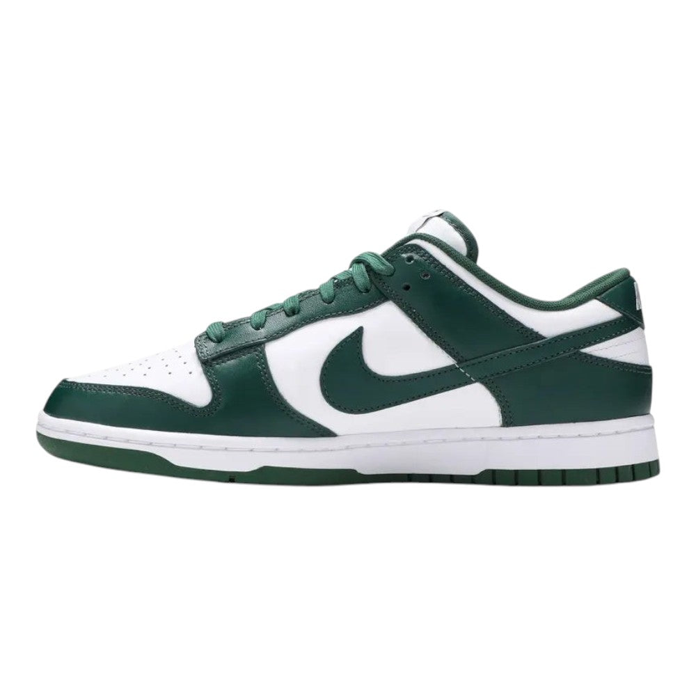 Luxurykicks.store Nike Dunk Low Michigan State sneaker in green and white leather with a classic low-top silhouette.