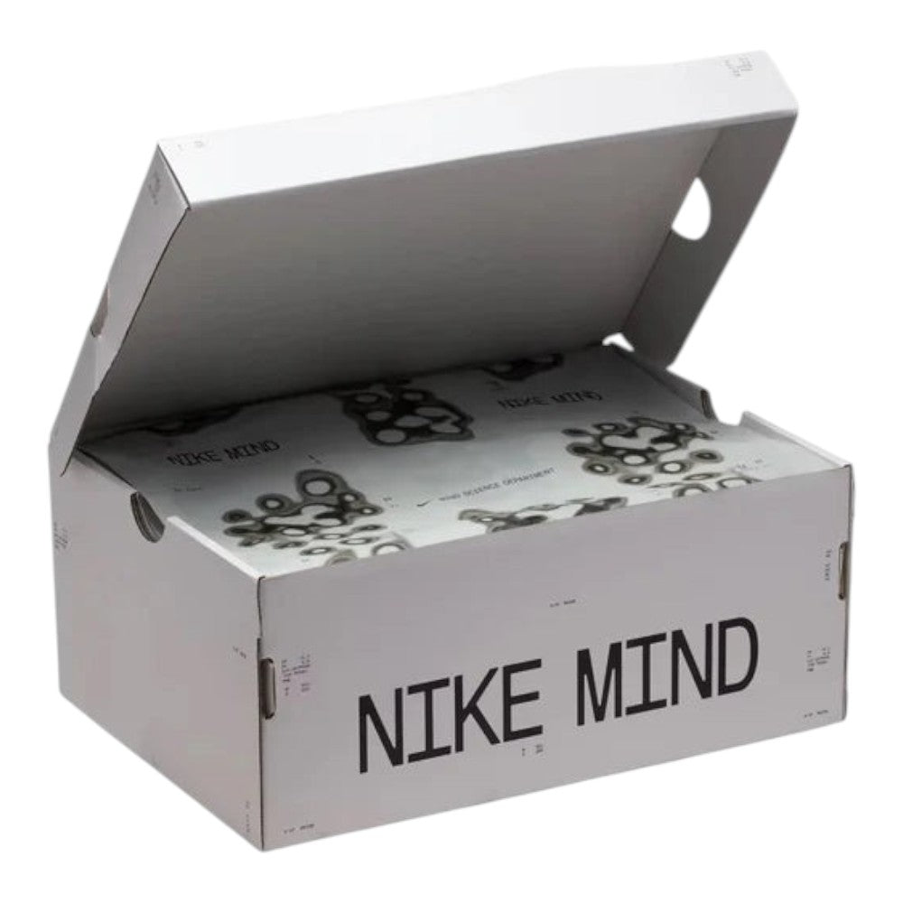 Luxurykicks.store Nike Mind 001 sneaker box in white with black branding and patterned tissue paper inside