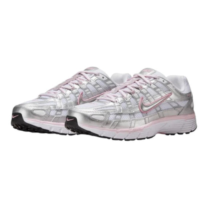 Luxurykicks.store Nike Wmns P-6000 sneakers in white and metallic silver with elemental pink accents.