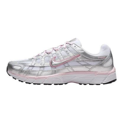 Luxurykicks.store Nike Wmns P-6000 sneakers in white and metallic silver with elemental pink accents and mesh upper.
