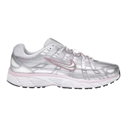 Luxurykicks.store Nike Wmns P-6000 sneaker in white and metallic silver with elemental pink swoosh and midsole detail.