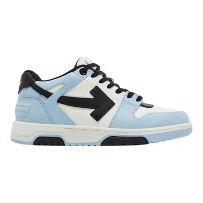 Luxurykicks.store Off-White Out of Office sneaker in light blue, black, and white with signature arrow logo.