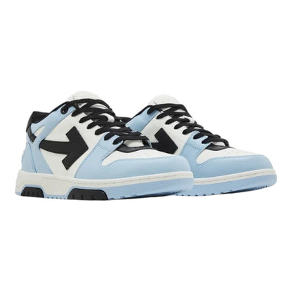 Luxurykicks.store Off-White Out of Office sneakers in light blue, black, and white leather with signature arrow logo.