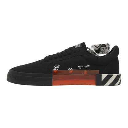Luxurykicks.store Off-White Vulc Low sneaker in black canvas with white arrow graphic and vulcanized rubber sole.