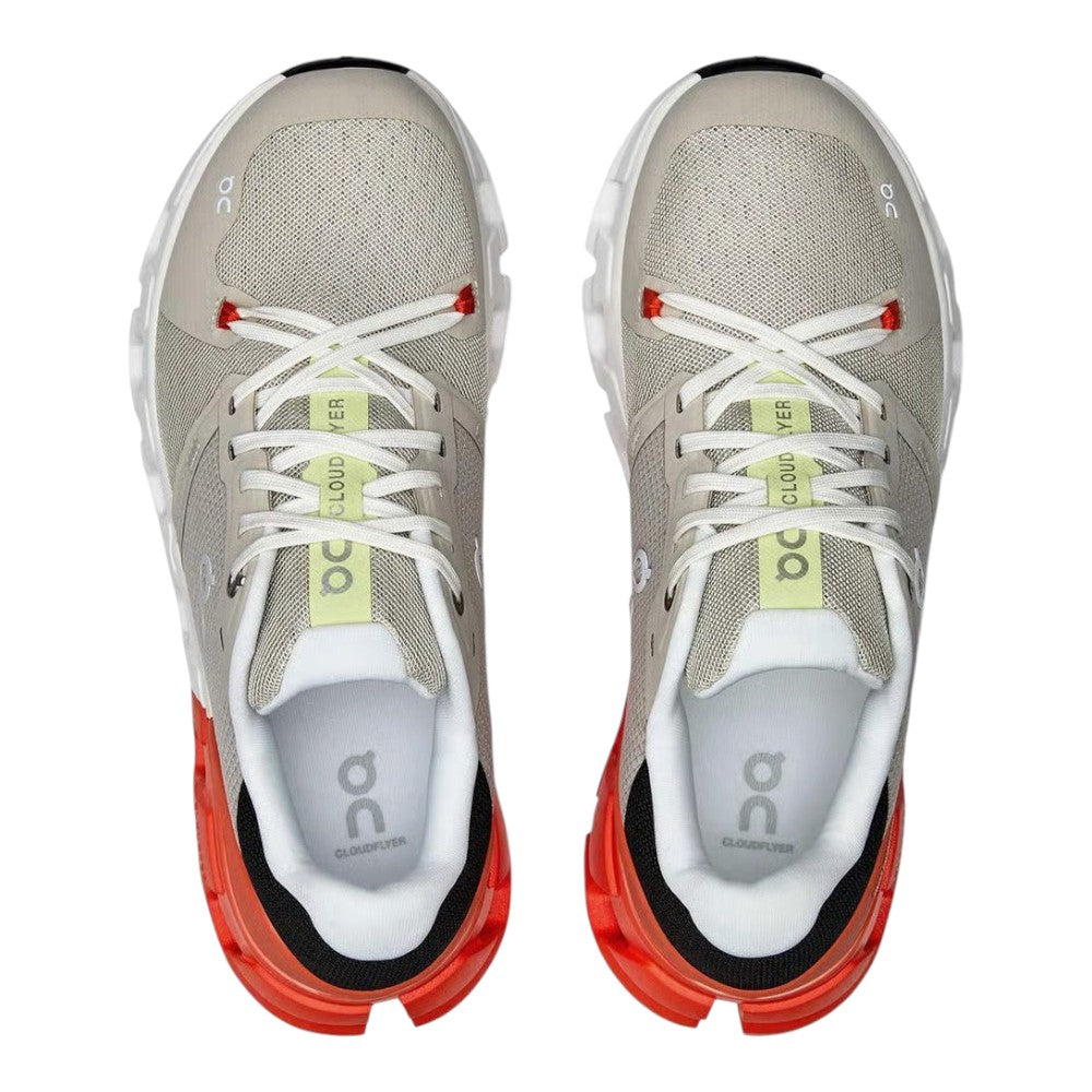 Luxurykicks.store On Cloudflyer 4 running shoes in beige and orange with breathable mesh and CloudTec cushioning.