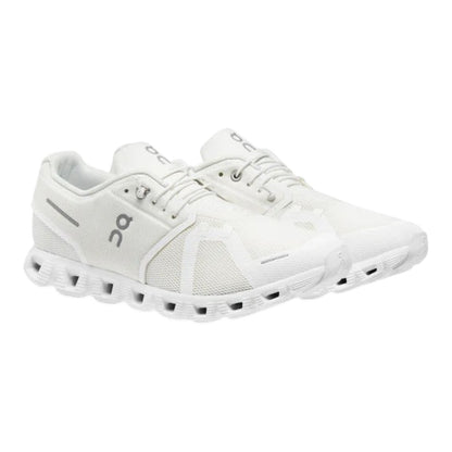 Luxurykicks.store On Running Cloud 5 sneakers in undyed white with breathable mesh and CloudTec cushioning soles.
