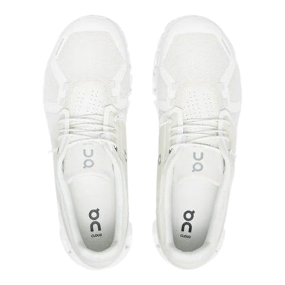 Luxurykicks.store On Running Cloud 5 sneakers in undyed white, featuring a top-down view of the lightweight mesh design.