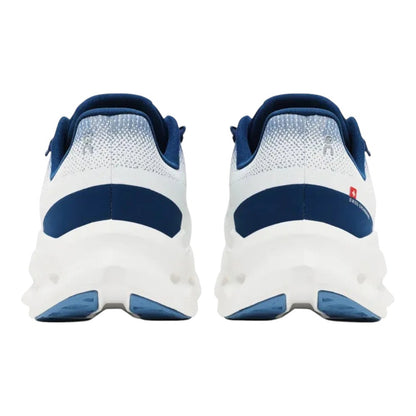 Luxurykicks.store On Running Cloudtilt Ivory Tempest sneakers, rear view showing white and blue cushioned soles.
