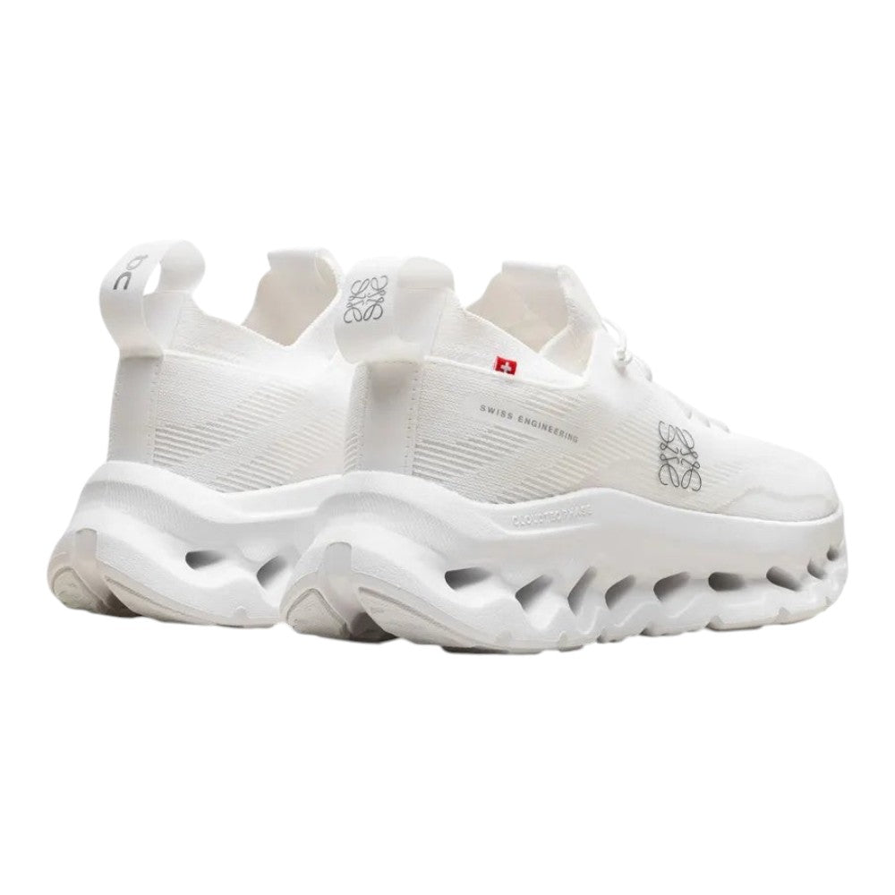 Luxurykicks.store On Running x Loewe Cloudtilt all white sneakers with signature CloudTec sole, rear view