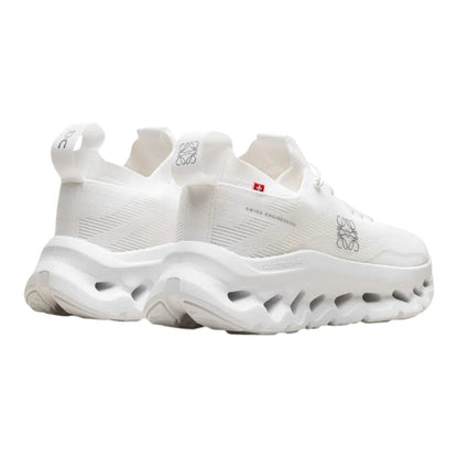 Luxurykicks.store On Running x Loewe Cloudtilt all white sneakers with signature CloudTec sole, rear view