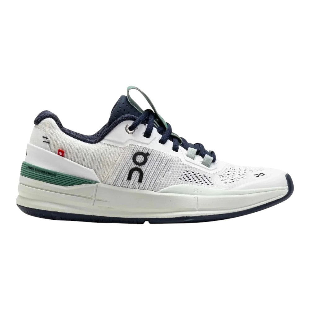 Luxurykicks.store On Running The Roger Pro tennis shoe in white with blue, navy, and green accents and CloudTec sole.