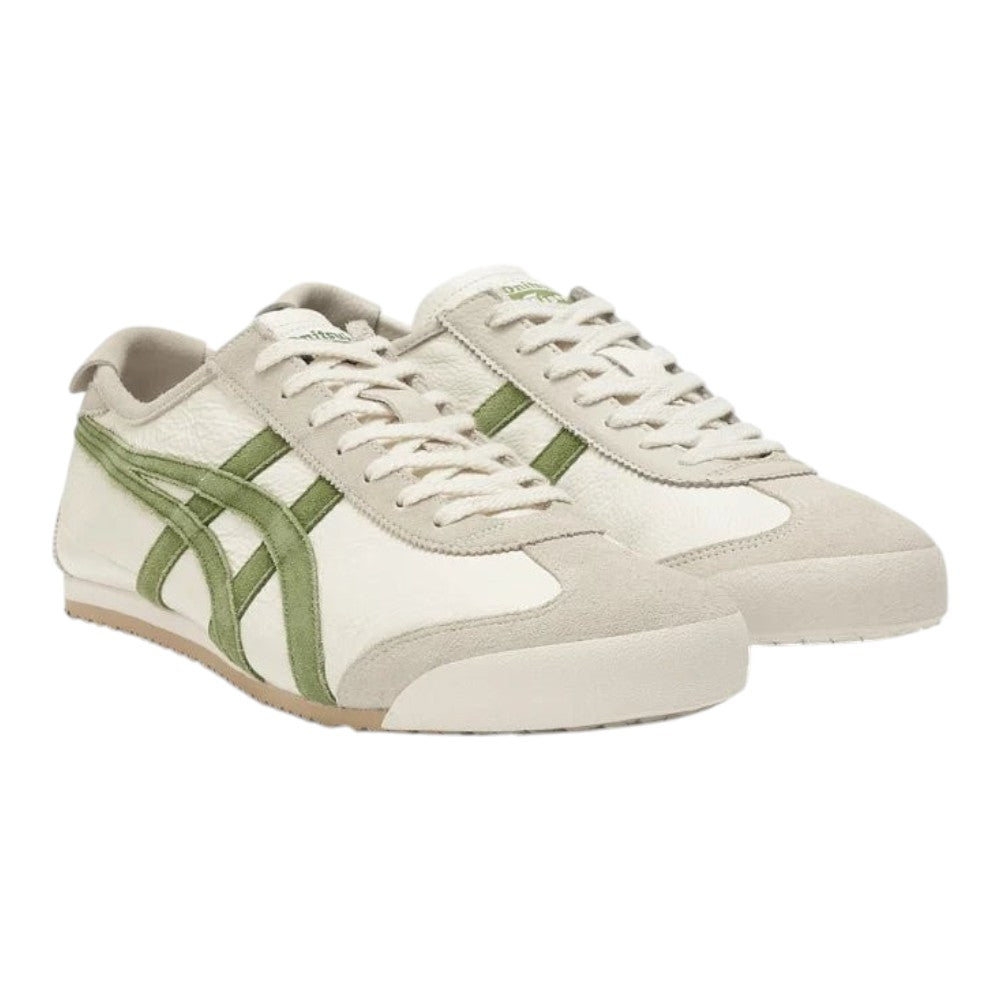 Luxurykicks.store Onitsuka Tiger Mexico 66 sneakers in beige leather with green suede stripes and a gum rubber sole.