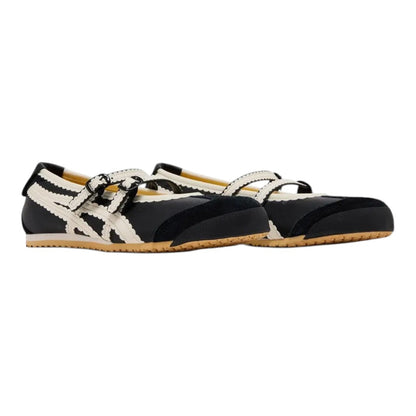 Luxurykicks.store Onitsuka Tiger Mexico 66 TGRS women's black and cream leather sneakers with scalloped strap detail.