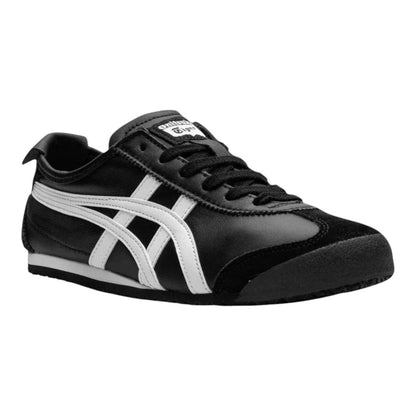 Luxurykicks.store Onitsuka Tiger Mexico 66 sneaker in black leather with white side stripes and suede toe overlay.