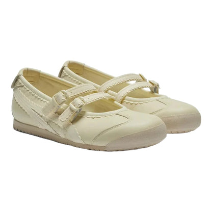 Luxurykicks.store Onitsuka Tiger Mexico 66 TGRS sneakers in ivory cream leather with scalloped strap details.