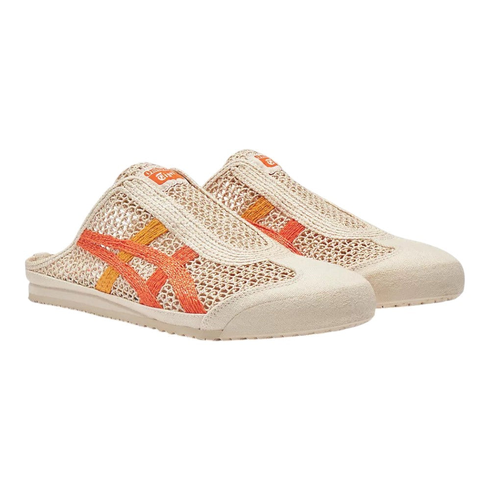 Luxurykicks.store Onitsuka Tiger Mexico 66 Sabot in oatmeal mesh with vibrant habanero orange side stripes
