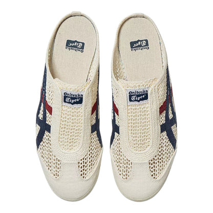 Luxurykicks.store Onitsuka Tiger Mexico 66 Sabot slip-on sneakers in cream mesh with blue and red stripe details.