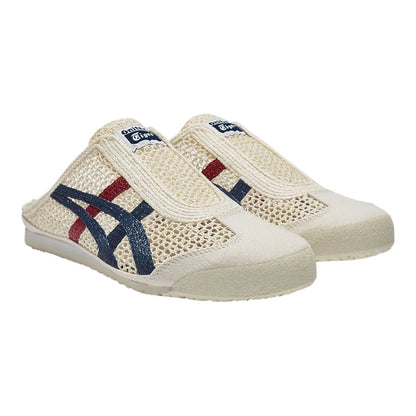 Luxurykicks.store Onitsuka Tiger Mexico 66 Sabot slip-on sneakers in cream mesh with blue and red signature stripes.