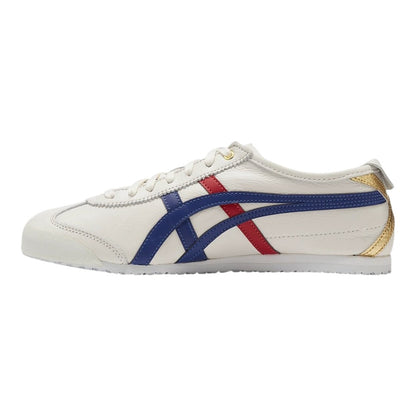 Luxurykicks.store Onitsuka Tiger MEXICO 66 sneaker in white leather with blue and red side stripes and gold heel tab.
