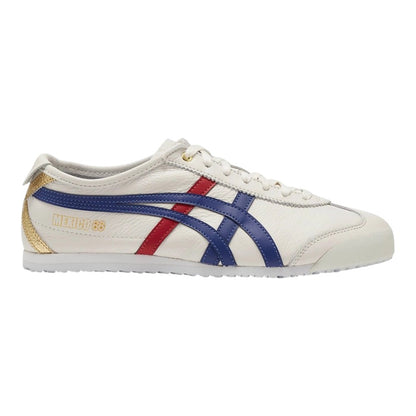 Luxurykicks.store Onitsuka Tiger MEXICO 66 sneaker in white leather with blue and red stripes and gold heel detail.