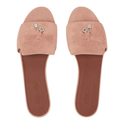 Luxurykicks.store Loro Piana Summer Charms sandals in dusty pink suede goatskin with signature silver charms