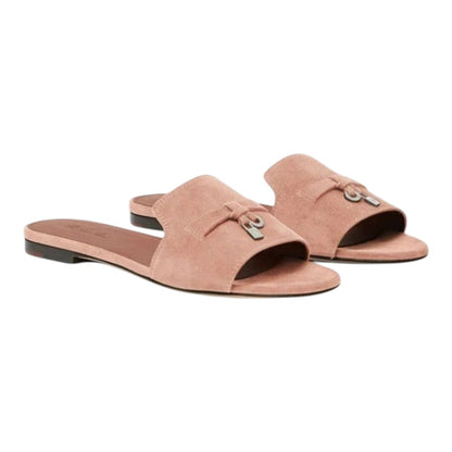 Luxurykicks.store Loro Piana Summer Charms sandals in dusty pink suede goatskin with signature metal charm detail.