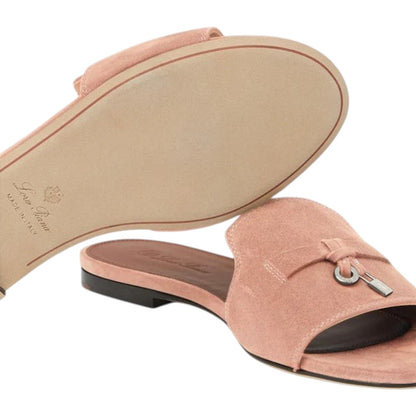 Luxurykicks.store Loro Piana Summer Charms slide sandals in dusty pink suede goatskin with signature charm detail