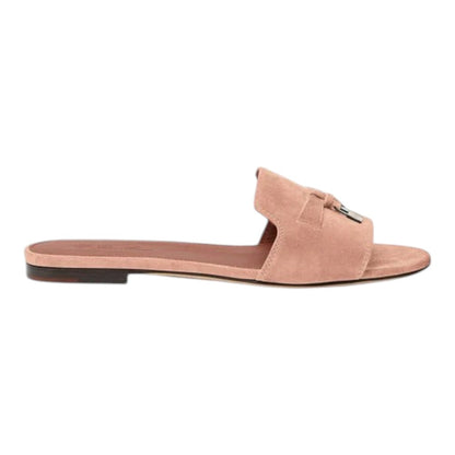 Luxurykicks.store Loro Piana Summer Charms sandal in soft pink suede goatskin with a minimalist flat silhouette.