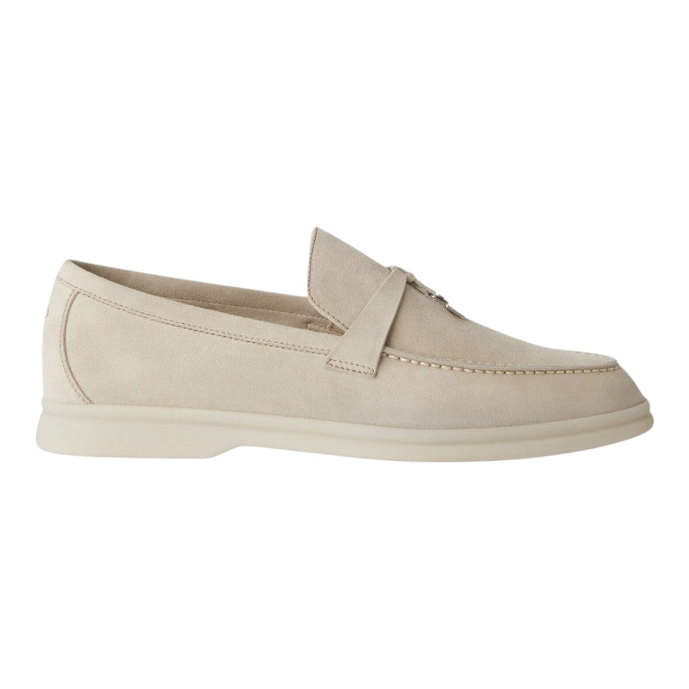 Luxurykicks.store Loro Piana Summer Charms Walk loafer in powder pearl suede calfskin with signature charm detail.