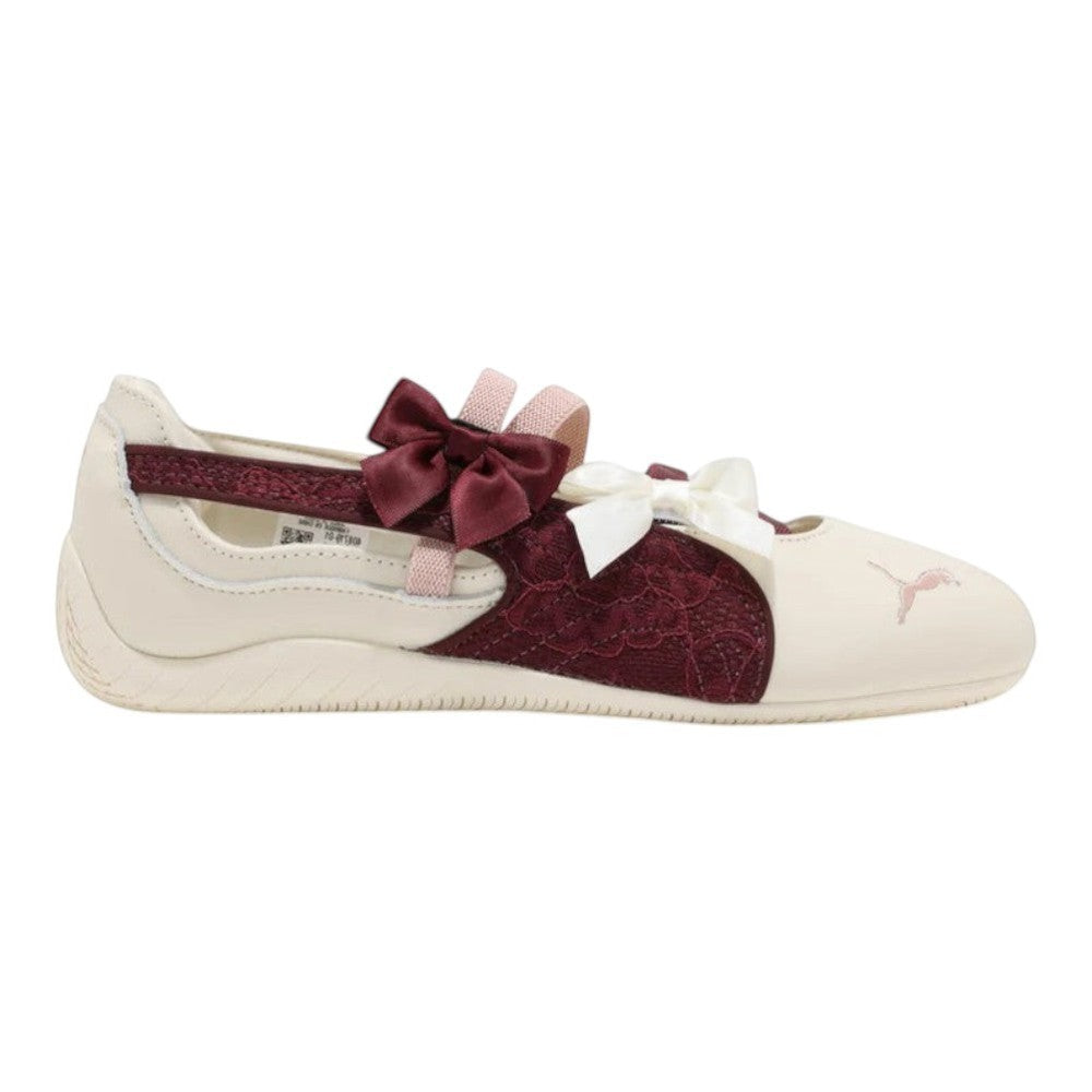 Luxurykicks.store Puma Speedcat Ballet sneaker in beige leather with burgundy lace panels and decorative ribbon bows.