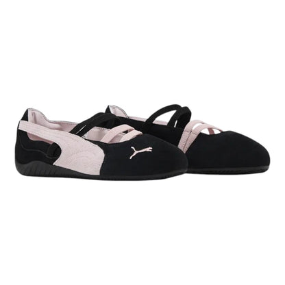 Luxurykicks.store Puma Speedcat Ballet flats in black suede with mauve mist strap accents and low-profile sole.