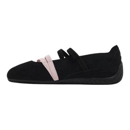 Luxurykicks.store Puma Speedcat Ballet flats in black suede with mauve mist crossover straps and low-profile sole.