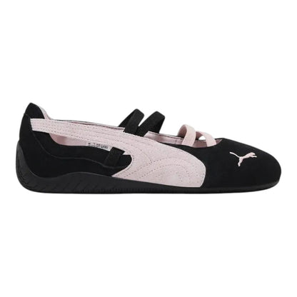 Luxurykicks.store Puma Speedcat Ballet flats in black leather with mauve mist suede accents and strap detailing.