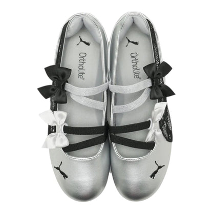 Luxurykicks.store Puma Speedcat Ballet silver leather flats with black and white lace bows and low-profile sole