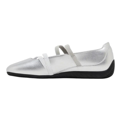 Luxurykicks.store Puma Speedcat Ballet Metallic silver flat shoe with dual elastic straps and black rubber sole.