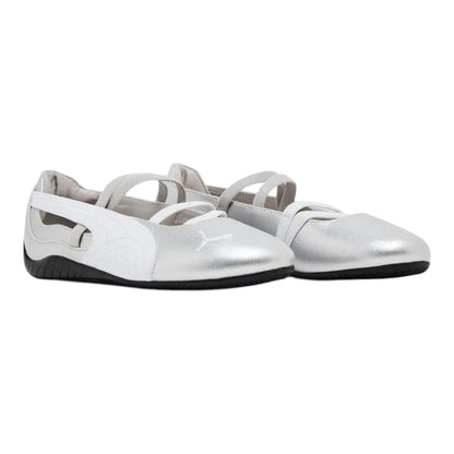Luxurykicks.store Puma Wmns Speedcat Ballet Metallic silver flats with a sleek racing-inspired design and strap detail.