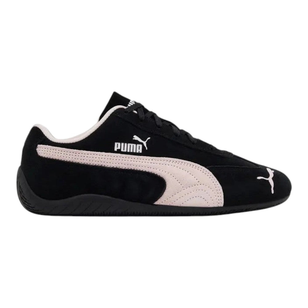 Luxurykicks.store Puma Speedcat OG sneaker in black suede with mauve mist side stripe and white logo detailing.
