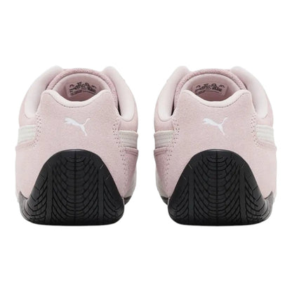 Luxurykicks.store Puma Speedcat OG sneakers in whisp of pink and white suede with black rubber heel detail, rear view.
