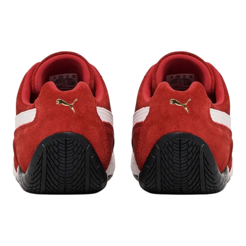 Luxurykicks.store Puma Speedcat OG sneakers in red suede with white stripes and gold logo, rear view
