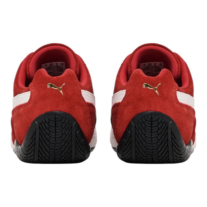 Luxurykicks.store Puma Speedcat OG sneakers in red suede with white stripes and gold logo, rear view