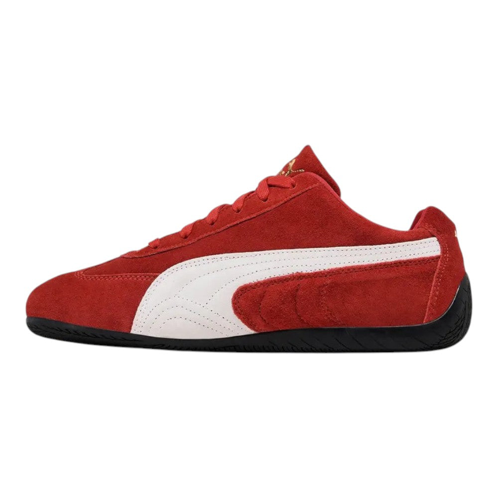 Luxurykicks.store Puma Speedcat OG sneaker in red suede with white leather formstrip and low-profile black sole.