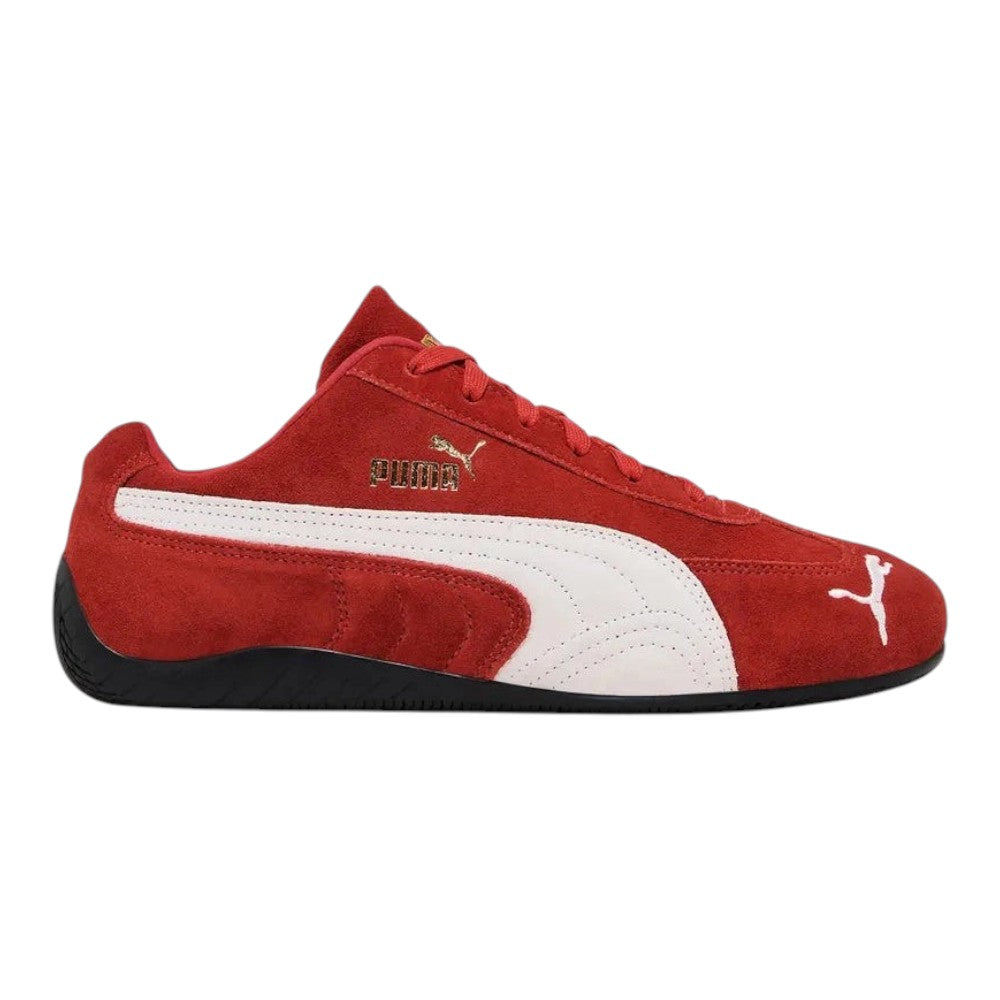 Luxurykicks.store Puma Speedcat OG sneaker in red suede with white leather formstrip and gold branding details.