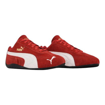 Luxurykicks.store Puma Speedcat OG sneakers in red suede with white leather formstrip and gold branding details.