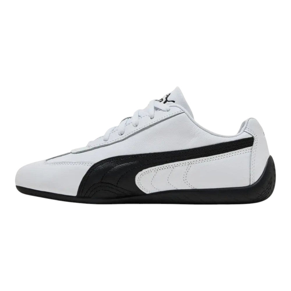Luxurykicks.store Puma Wmns Speedcat sneaker in white and black full leather with a sleek, low-profile design.