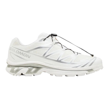 Luxurykicks.store Salomon XT-6 GORE-TEX sneaker in white and silver with a quicklace system and rugged tread.