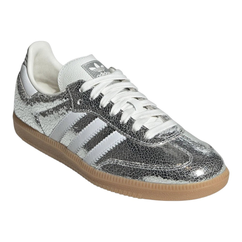 Luxurykicks.store Samba OG women's sneakers in silver metallic leather with signature T-toe and gum rubber sole