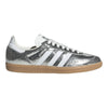Luxurykicks.store women's Samba OG sneakers in metallic silver leather with white stripes and a gum rubber sole.