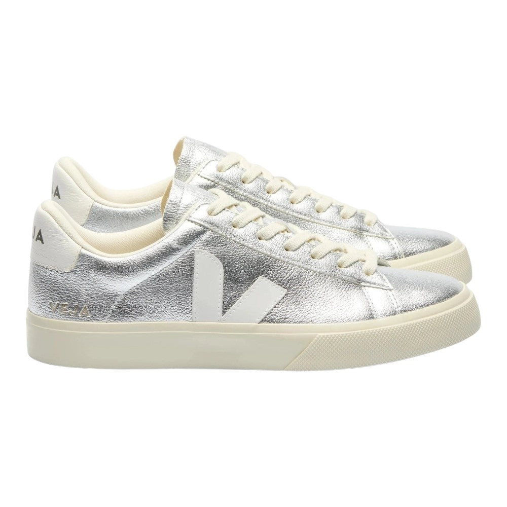 Luxurykicks.store Veja Campo silver and white chromefree leather lace-up sneakers with minimalist design