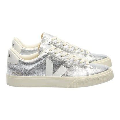 Luxurykicks.store Veja Campo silver and white chromefree leather lace-up sneakers with minimalist design