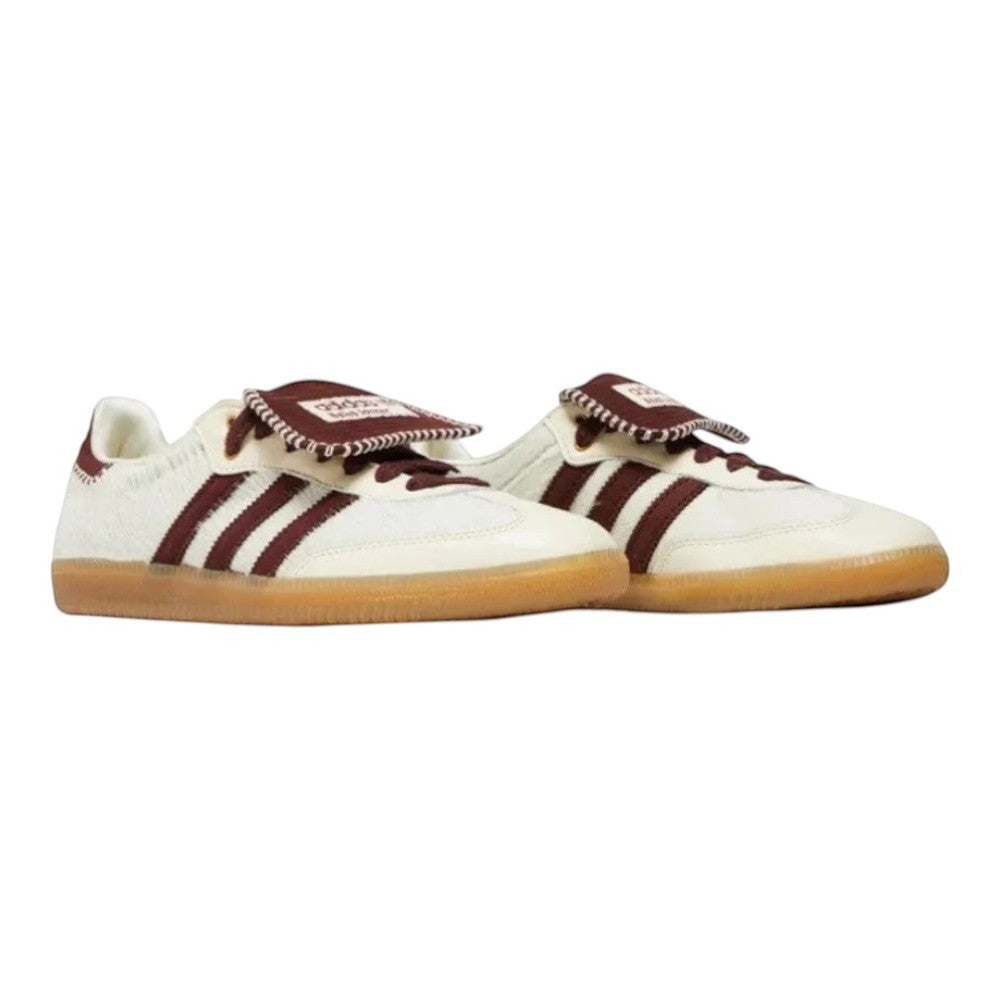 Luxurykicks.store Wales Bonner x Samba Pony sneakers in cream white with dark brown stripes and pony hair texture.